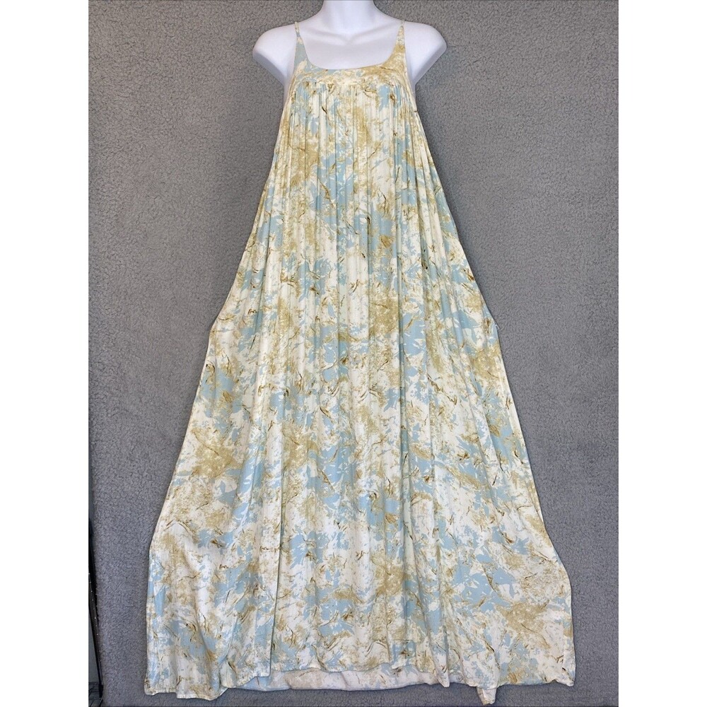 Easel Cottagecore Boho Ivory Blue Floral Flowy Rayon Maxi Size Medium Dress